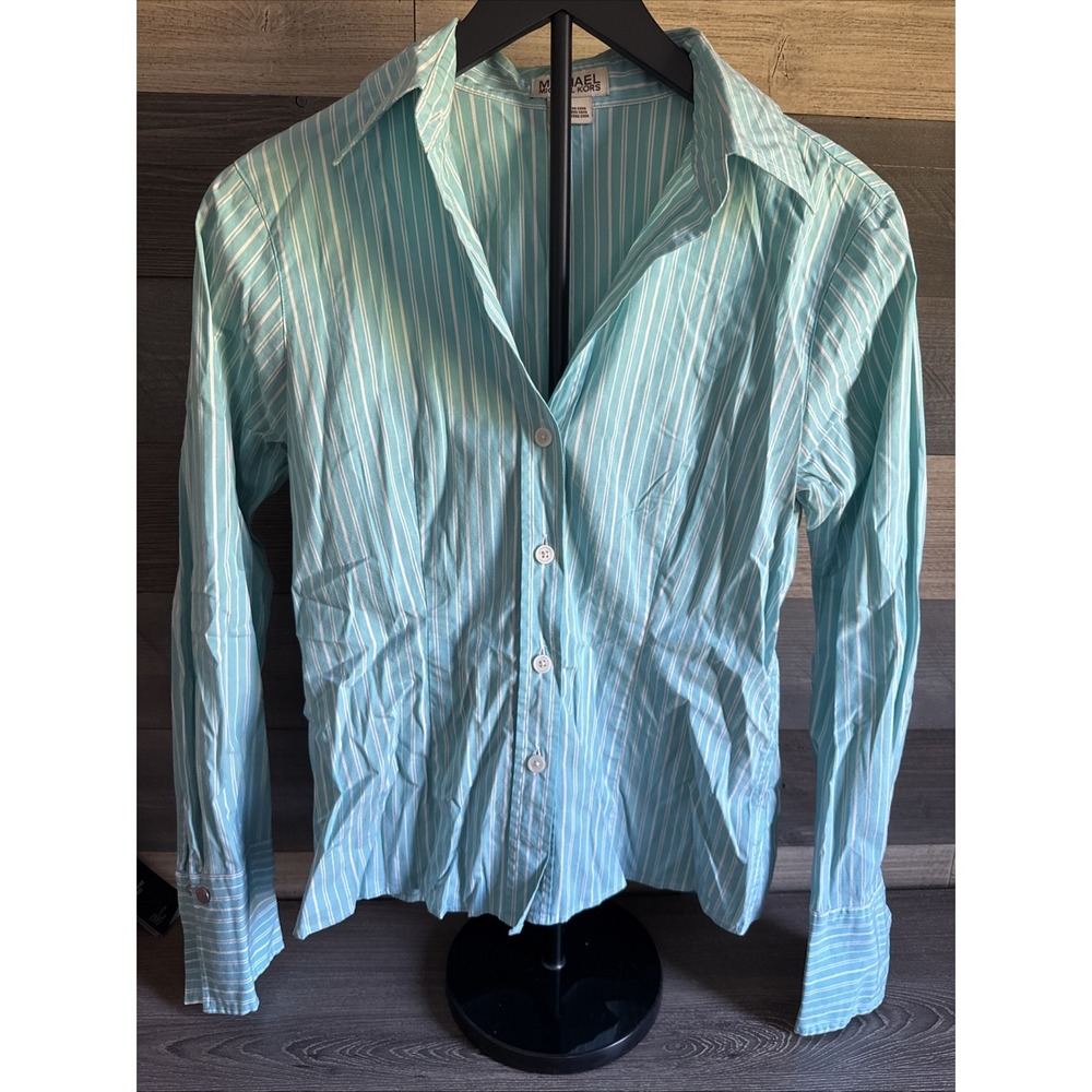 Michael Kors Womens 6 Blue White Striped Cotton Long Sleeve‎ Roll Tab Blouse Top